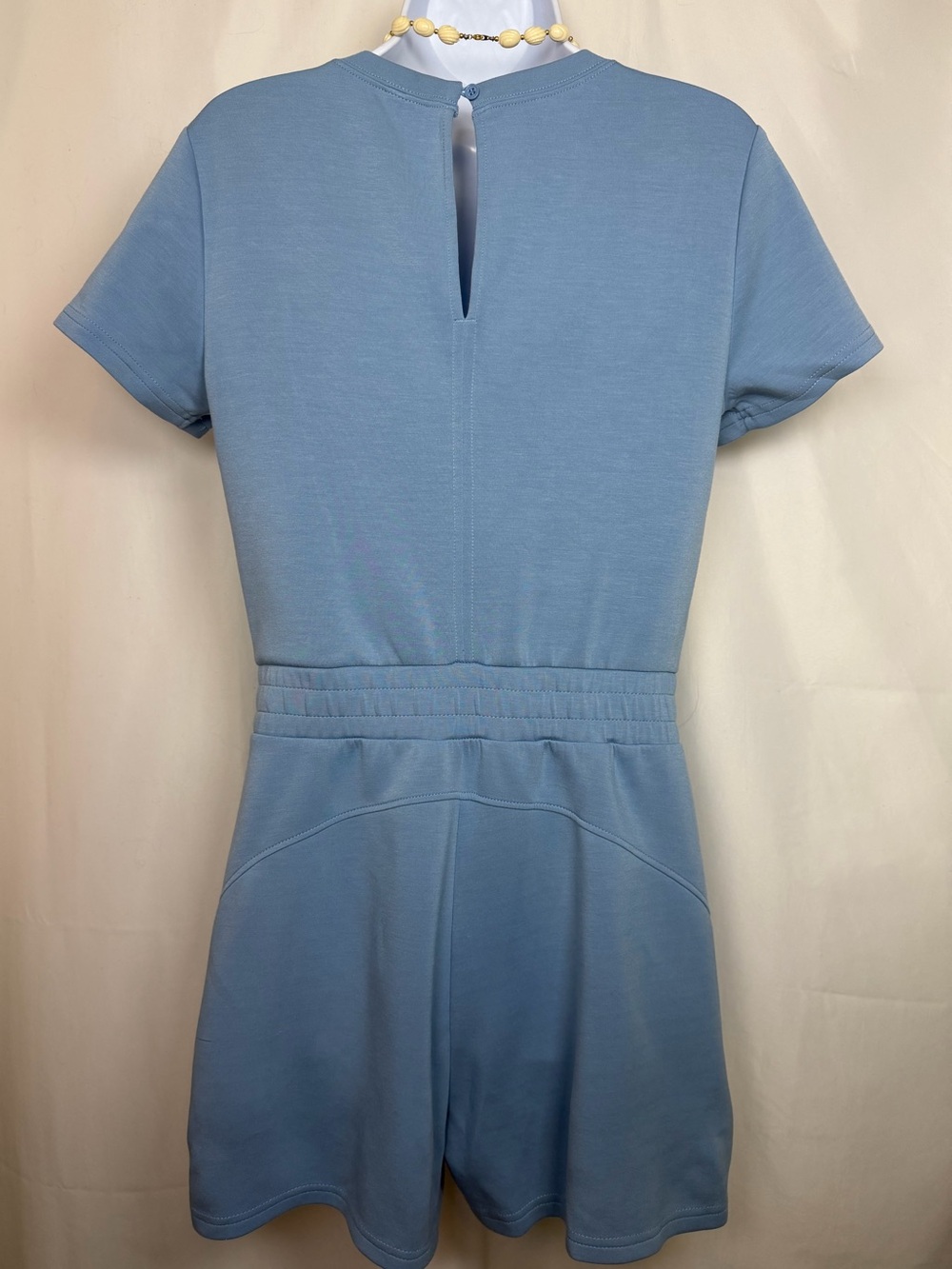 Dusty Blue Short Sleeve Drawstring Romper with Pockets – Small - Picture 3 of 9